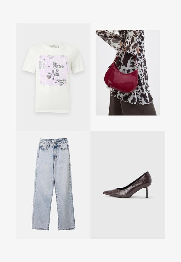 Camiseta blanca de manga corta con un diseño cuadrado de formas florales abstractas en rosa claro y plata metálica en la parte delantera.; Vaqueros de pierna recta de color azul claro, confeccionados en denim, con dos bolsillos frontales, cierre de botón y costuras en contraste a lo largo de las costuras.; Tacones puntiagudos de cuero sintético marrón con textura de cocodrilo, con un tacón delgado y angular y un forro interior suave.; Mujer con blusa de estampado en blanco y negro sosteniendo un bolso de hombro rojo brillante sobre un fondo liso.