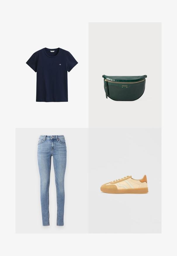 Tumesinine puuvillane t-särk lühikeste varrukatega, ümmarguse kaelusega ja väikese tikitud logoga rinnal. Pehme tekstuur, klassikaline lõige.; Heledad sinised skinny teksad, mis on valmistatud denimist, tavalise vöökoha, viie tasku ja kontrastselt õmmeldud õmblustega.; Pruunikas-beezid tossud, valmistatud seemisnahast ja nahast materjalidest, millel kummist tallad, kolm triipu ja pruun kandeelement.; Roheline nahast kott ümarate kujuga, kullast detailidega ja pealmise tõmblukuga. Omab lapikut alust ja esiküljel on muljetavaldav bränding.