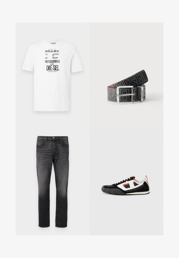 T-shirt Diesel blanc à manches courtes avec texte graphique noir et blanc et logo sur le devant, col rond et étiquette logo rouge sur la couture latérale.; Jean en denim noir avec une coupe droite, cinq poches, un léger délavage et une petite étiquette en tissu rouge sur la poche avant.; Diesel S PAGODHA LOW - Baskets basses - black; Ceinture noire Diesel avec grand texte logo blanc, boucle rectangulaire en argent, et détail de boucle métallique brandée, enroulée sur un fond clair.