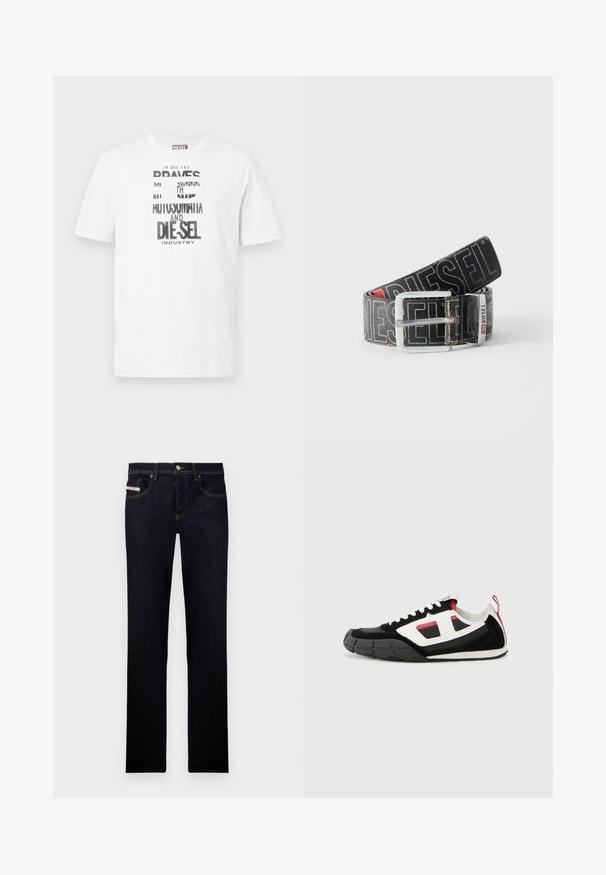 Weißes Diesel T-Shirt mit kurzen Ärmeln, schwarzem und weißem grafischem Text und Logo auf der Vorderseite, rundem Ausschnitt und rotem Logoschild an der Seitennaht.; Dunkelblaue Jeans aus Denim mit geradem Bein, mit orangefarbener Naht und einem Label auf der Vordertasche. Mit Metallknopfverschluss.; Diesel S PAGODHA LOW - Sneaker low - black; Schwarzer Diesel-Gürtel mit großem weißen Logotext, rechteckiger silberner Schnalle und gebrandetem Metallschlaufen-Detail, aufgewickelt auf hellem Hintergrund.