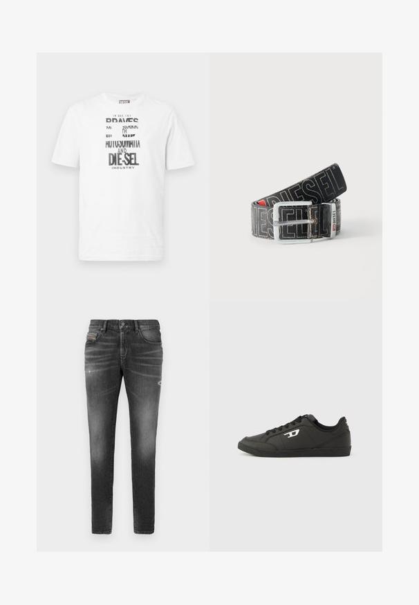 Hvid kortærmet Diesel T-shirt med sort og hvidt grafisk tekst og logo foran, rund halsudskæring og rød logomærke på sidesømmen.; Grå denimjeans med slim fit, der har let slidte kanter, distressed detaljer og traditionel knaplukning.; Sorte syntetiske sneakers med en struktureret sort sål, rund tå og flade sorte snørebånd. Fremtrædende hvidt logo på ydersiden.; Sort Diesel-bælte med stor hvid logo tekst, rektangulært sølvspænde og brandet metal-loop detalje, rullet sammen på en lys baggrund.