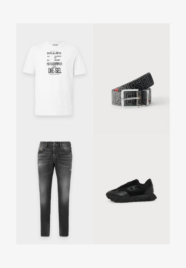Witte korte mouw Diesel T-shirt met zwart-witte grafische tekst en logo aan de voorkant, ronde halslijn en rode logolabel aan de zijnaad.; Grijze denim jeans met een slim fit, voorzien van lichte slijtage, verwerkte details en een traditionele knoopsluiting.; Zwarte lage sneaker met een gestructureerde zool, mesh en leren bovenwerk, veters aan de voorkant en een klein reliëflogo op het zijpaneel.; Zwarte Diesel-riem met grote witte logotekst, rechthoekige zilveren gesp en merkmetal lusdetail, opgerold op een lichte achtergrond.
