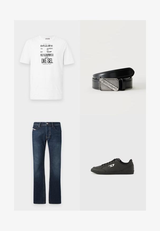 Camiseta blanca de manga corta Diesel con texto gráfico en blanco y negro y logo en la parte delantera, cuello redondo y etiqueta de logo roja en la costura lateral.; Jeans de mezclilla azul oscuro con corte recto, cinco bolsillos y detalles de costura sutiles. Cuenta con cierre de botón metálico y cremallera.; Zapatillas deportivas negras sintéticas con suela negra texturizada, puntera redonda y cordones planos negros. Destaca un logo blanco en el lateral exterior.; Cinturón de cuero negro con hebilla rectangular plateada que presenta el texto grabado "Diesel Industry Denim Division" sobre un fondo claro a rayas.