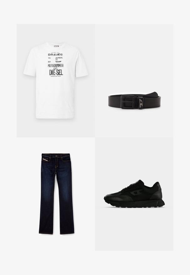 T-shirt Diesel blanc à manches courtes avec texte graphique noir et blanc et logo sur le devant, col rond et étiquette logo rouge sur la couture latérale.; Jean en denim bleu foncé avec une coupe droite, présentant des coutures orange, une fermeture éclair et des poches avant. Texture lisse et taille standard.; Baskets basses noires avec cuir texturé et panneaux en tissu, fermeture lacets et semelle épaisse en caoutchouc sur un fond clair uni.; Diesel DAVE - Ceinture - t8013