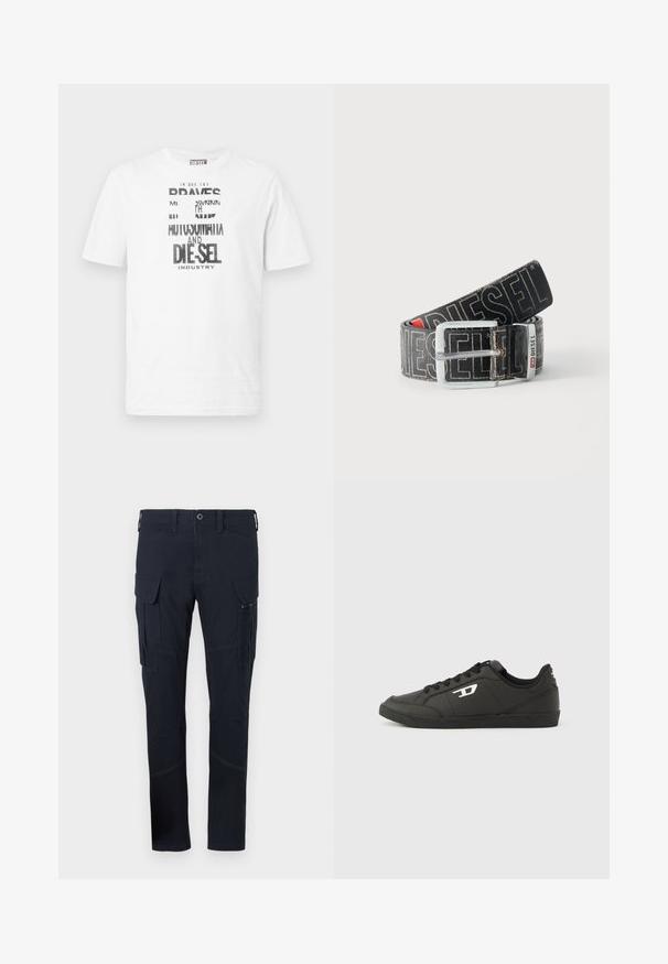 Witte korte mouw Diesel T-shirt met zwart-witte grafische tekst en logo aan de voorkant, ronde halslijn en rode logolabel aan de zijnaad.; Cargo pants in donker marineblauwe stof met meerdere zakken, waaronder zijcargo zakken, en zichtbare stiksels. Slim-fit ontwerp.; Zwarte sneakers van synthetisch materiaal met een geribbelde zwarte zool, ronde neus en vlakke zwarte veters. Opvallend wit logomerk aan de buitenzijde.; Zwarte Diesel-riem met grote witte logotekst, rechthoekige zilveren gesp en merkmetal lusdetail, opgerold op een lichte achtergrond.