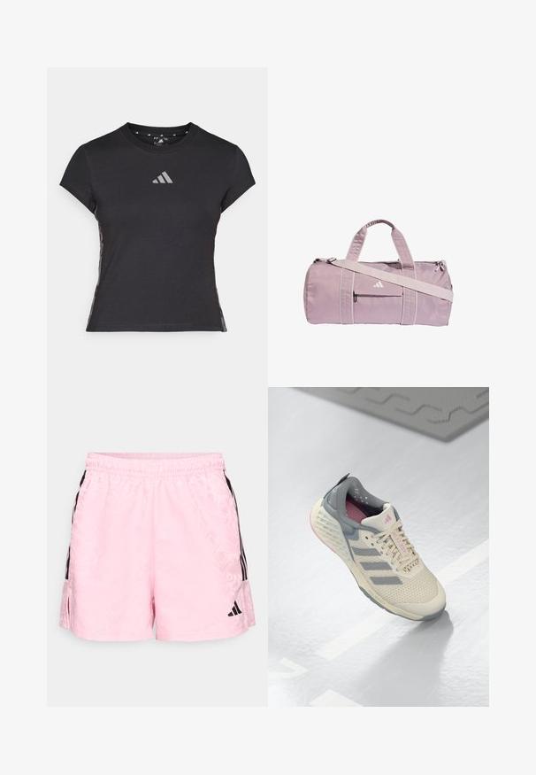 Camiseta atlética negra de manga corta, con cuello redondo y un logo reflectante en el pecho. Presenta acentos laterales con patrón.; adidas Sportswear TIRO - Pantalón corto de deporte - true pink/black; Zapatilla deportiva beige con acentos grises, parte superior de malla y suela texturizada. Cuenta con tres rayas grises y detalles interiores en rosa.; Bolsa de lona color púrpura claro hecha de material brillante, con dos asas, una correa de hombro desmontable y un bolsillo delantero con cremallera y logo.