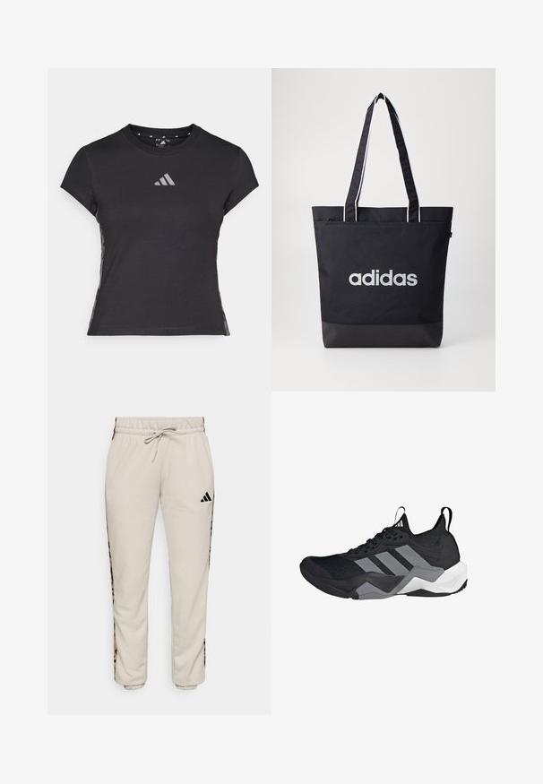 Camiseta atlética negra de manga corta, con cuello redondo y un logo reflectante en el pecho. Presenta acentos laterales con patrón.; Pantalones de chándal color beige claro, confeccionados en un tejido suave, con una cintura ajustable con cordón y paneles laterales negros con un patrón de estampado de leopardo.; Zapatilla deportiva negra con parte superior de malla transpirable, acentos grises, suela texturizada y tres distintivas franjas en el costado.; Bolsa de tote negra con el logo "adidas" en gris, hecha de un tejido duradero, con dos correas para el hombro y un panel inferior negro en contraste.