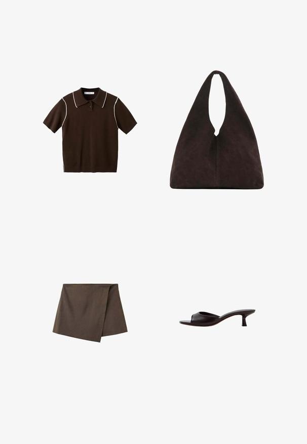 Polo marron à manches courtes avec des bordures blanches le long du col et des coutures des épaules, doté de deux boutons sur la patte de boutonnage.; Mini-jupe cache-cœur asymétrique marron en tissu lisse, avec un panneau avant chevauchant la couche de base.; Sandale mule noire à bout ouvert avec un talon bas courbé et une tige en cuir lisse sur fond blanc.; Sac à bandoulière triangulaire marron foncé doux avec une poignée large unique en haut et une texture de surface lisse.