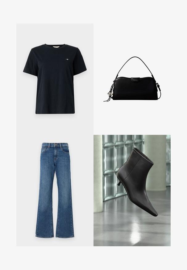 Sort bomulds T-shirt med korte ærmer, rund halsudskæring og en lille logo-detalje broderet på venstre bryst. Klassisk, afslappet pasform.; Blå denim flared jeans med høj talje, der har fem lommer og knaplukning. Stofmet har en let falmet finish.; Sort læderankelstøvle med spids tå og lille hæl vist mod en væg af glasblokke og poleret gulv baggrund.; Sort rektangulær Calvin Klein håndtaske med enkelt toprem, sølvlogo vedhæng og lille klaplukning foran.