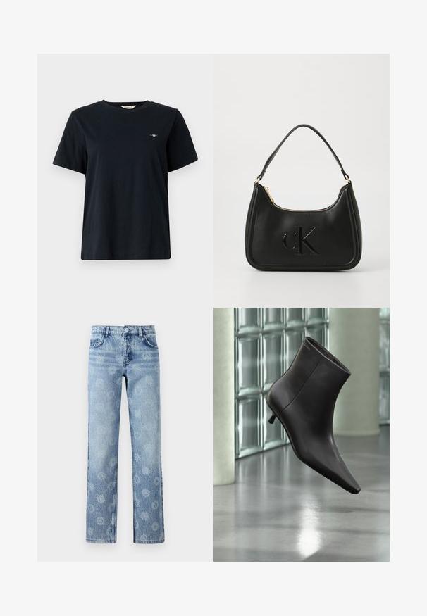Zwart katoenen t-shirt met korte mouwen, ronde hals en een klein logo detail geborduurd op de linkerborst. Klassieke, ontspannen pasvorm.; Lichtblauwe denim jeans met een licht vervaagde afwerking, voorzien van een bloemenpatroon, vijf zakken en een recht gesneden pijp.; Zwarte leren enkellaars met puntige neus en lage hak, afgebeeld tegen een glazen blokkenmuur en gepolijste vloer op de achtergrond.; Zwarte leren handtas met een gebogen vorm, voorzien van een gouden rits en een subtiel geperst "cK" logo. Gladde textuur en een enkele handvat.