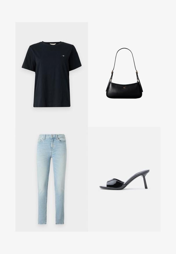 Schwarzes Baumwoll-T-Shirt mit kurzen Ärmeln, Rundhals-Ausschnitt und kleinem, auf der linken Brust gesticktem Logo. Klassischer, lässiger Schnitt.; Hellblaue Skinny Jeans mit einer ausgewaschenen Waschung, Fünf-Taschen-Design, Reißverschluss und Knopfverschluss sowie einem leichten Stretchanteil für mehr Komfort.; Schwarze Sandalen mit Absatz aus Lackleder, offenem Zehenbereich, mit geschwungenem Obermaterial und spitz zulaufendem Stilettoabsatz. Glatte, glänzende Oberfläche.; Schwarze kleine Lederschultertasche mit dünnem Riemen und kleinem goldenem CK-Logo auf der Vorderseite in der Mitte.