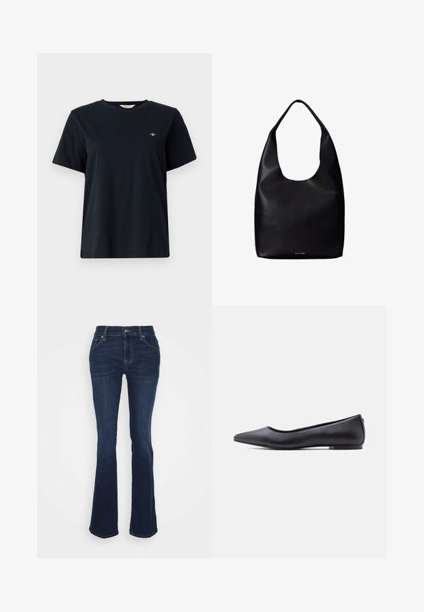 Sort bomulds T-shirt med korte ærmer, rund halsudskæring og en lille logo-detalje broderet på venstre bryst. Klassisk, afslappet pasform.; Mørkeblå udvidede jeans lavet af denim; høj talje, fem lommer, guld hardware accenter og glat tekstur med subtil fading ved lårene.; Sort flad lædersko med spidst tåparti og lav hæl, vist i sideprofil mod en hvid baggrund.; Sort læder shoppertaske med en bred enkelt skulderrem og et subtilt Calvin Klein-logo nederst i midten.