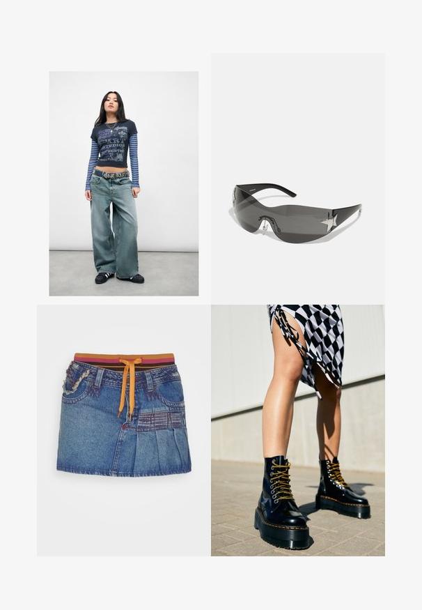 Ung kvinde står iført lagdelte stribede langærmede trøjer, en grafisk cropped t-shirt, brede jeans, en nitterbælte og sorte sneakers.; Jaded London PLEAT SIDE SKIRT WITH WAISTBAND - A-snit nederdel - denim in 00s wash; Sorte læder platform støvler med chunky såler, guld snørebånd og orange syninger, kombineret med en ternet nederdel med en sideslids.; Sorte solbriller med wrap-around design, mørktonede linser, skinnende stjerneformede detaljer og justerbare næsepuder.