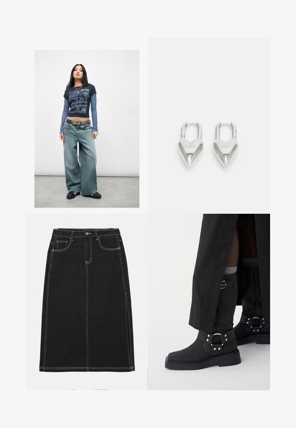Junge Frau steht da und trägt mehrlagige gestreifte Langarmshirts, ein grafisches, kurzes T-Shirt, weit geschnittene Jeans, einen mit Nieten besetzten Gürtel und schwarze Sneakers.; Schwarzer Denim-Rock mit geradem Schnitt, ausgestattet mit weißen Nähten, einer vorderen Knopfleiste und zwei vorderen Taschen. Glatte Textur.; Schwarze Ankle Boots aus Leder mit mattem Finish, rechteckiger Zehenpartie und dekorativen Schnallen. Die Sohle ist klobig und strukturiert.; Silberne herzförmige Vorhängeschlösser mit eingravierten "JA"- und "NEIN"-Texten, polierte Oberfläche, symmetrisches Design und einem robusten Metallverschluss.