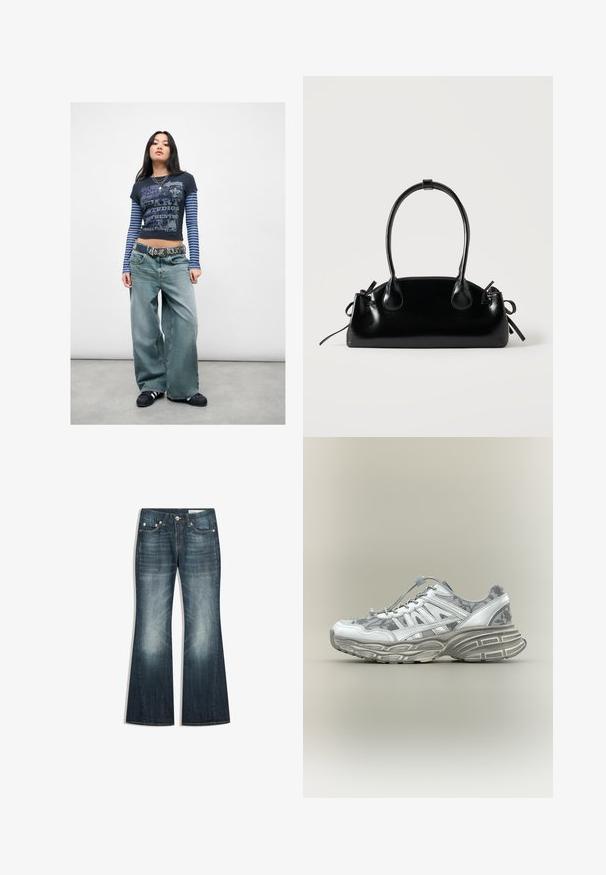 Junge Frau steht da und trägt mehrlagige gestreifte Langarmshirts, ein grafisches, kurzes T-Shirt, weit geschnittene Jeans, einen mit Nieten besetzten Gürtel und schwarze Sneakers.; Dunkelblaue Bootcut-Jeans mit verwaschenen Bereichen an Oberschenkeln und Knien, Fünf-Taschen-Design und Metall-Knopfleiste.; Weißer und grauer Sportschuh mit Blumenmuster, dicker, strukturierter Sohle und elastischem Zugverschluss auf neutralem Hintergrund.; Kleine schwarze glänzende Handtasche mit zwei langen Griffen und seitlichen Kordelzug-Details vor einfachem hellem Hintergrund.