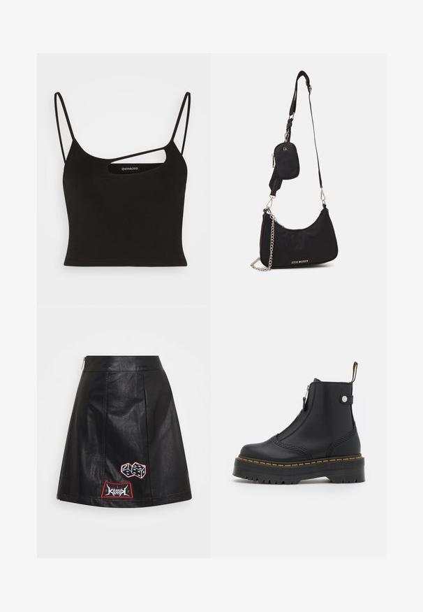 Even&Odd by Zalando Top - black; Karl Kani PATCHED SKIRT - A-Linien-Rock - black; Schwarze Knöchelboots aus glattem Leder, ausgestattet mit einem seitlichen Reißverschluss, gelben Nähten und einer dicken, geriffelten Gummisohle.; Schwarze Nylon-Umhängetasche mit geschwungener Form, silbernem Kettenakzent, abnehmbarem Mini-Pouch und verstellbarem Trageriemen; mit "Steve Madden"-Logo.