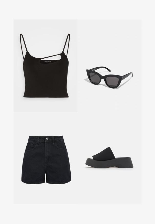 Even&Odd by Zalando Top - black; Sorte denimshorts med høj talje, frontknap, bæltestropper og to forlommer på en ensfarvet hvid baggrund.; Call it Spring VENISE B.E.D FOAM - Mules med hæl - black; Sorte cat-eye solbriller med mat finish, der har grå tonede linser, skarpe vinkler og slanke sidearme. Mærkenavnet er synligt på den indre arm.