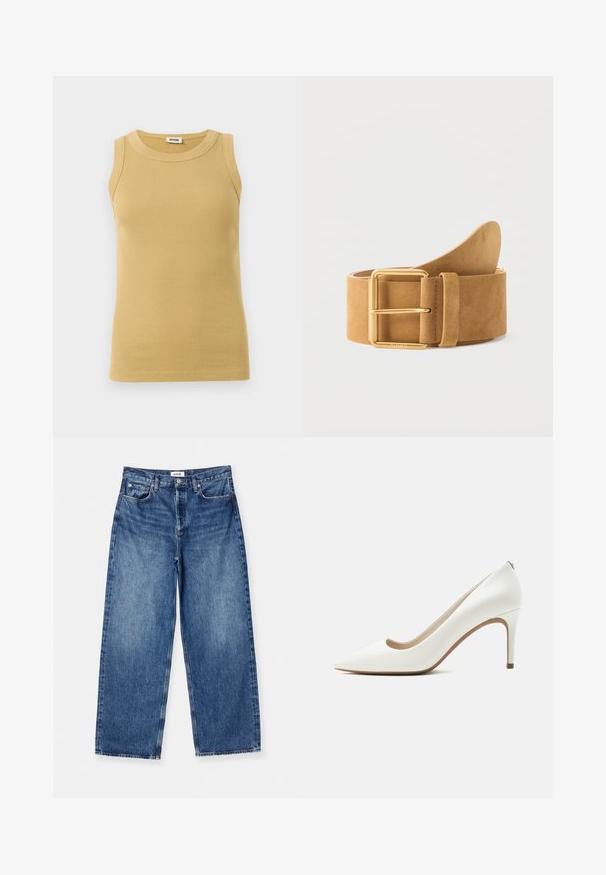 Ærmeløs, ribstrikket tanktop i beige med rund halsudskæring, lavet af Drykorn, vist mod en hvid baggrund.; Lysblå vid ben jeans lavet af denim, med et klassisk fem-lomme design, synlig syning og en mid-rise talje.; Hvidt læder spidst stiletto hæl med slank høj hæl og glat finish, vist fra siden på en ensartet lys baggrund.; Tan ruskindsbælte med bred rem og rektangulært spænde i guldmetal, snoet på hvid baggrund.