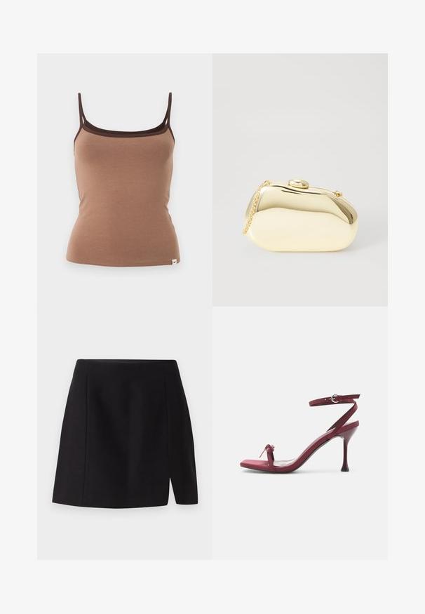 Camisole marron ajustée avec fines doubles bretelles et bordure marron foncé le long de l'encolure sur un fond uni.; Mini-jupe noire en tissu lisse, dotée d'une taille ajustée et d'une fente à l'avant qui apporte une touche moderne à son design simple.; Sandale à talon haut bordeaux avec fines lanières, boucle à la cheville et petit nœud sur la lanière avant.; Pochette métallique dorée avec une forme lisse et arrondie, dotée d'un fermoir à bouton supérieur et d'une petite chaîne pour le transport.