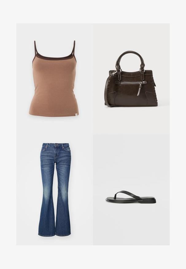 Camisole marron ajustée avec fines doubles bretelles et bordure marron foncé le long de l'encolure sur un fond uni.; Jean bleu évasé en denim avec un effet délavé, présentant des poches classiques et une fermeture à un bouton.; Tongs noires en cuir lisse, avec un design de sangle fine et une semelle plate à profil minimal. Aucun motif ou accent notables.; Sac à main en cuir marron avec poignées supérieures, poche avant zippée et détails tissés sur les côtés. Texture lisse et forme structurée.