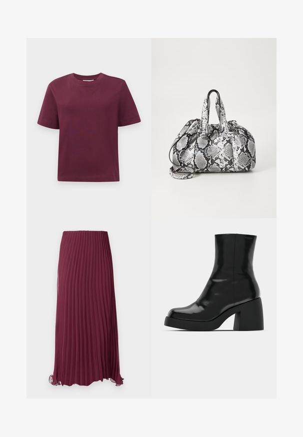 Camiseta de manga corta y cuello redondo en rojo oscuro sólido, exhibida sobre un fondo blanco.; Larga falda de color burdeos con pliegues, hecha de un tejido ligero, con una cintura elástica y un dobladillo ligeramente rizado. Pliegues verticales texturizados en toda la prenda.; Botas de tobillo negras con un acabado brillante, punta cuadrada y un tacón grueso en bloque. El diseño presenta una silueta sin costuras y un minimalismo en la marca.; Bolso de mano con patrón de piel de serpiente en blanco y negro, con dos asas, un cierre de cordón y una correa para el hombro desmontable. Textura suave.