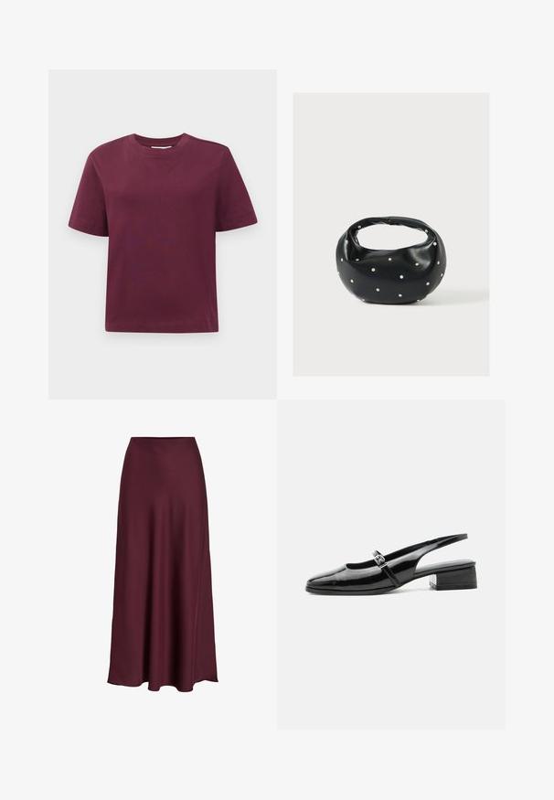 Effen donkerrode t-shirt met korte mouwen en ronde hals, weergegeven tegen een witte achtergrond.; Bordeaux satijnen maxi rok met een zachte textuur, hoge taille en een vloeiende silhouet die zachtjes uitloopt naar de zoom.; Zwarte lakleren slingback schoen met een lage blokhak en een dunne band met zilveren gesp bovenop.; Zwarte leren handtas met een afgeronde vorm, versierd met zilveren studs, en een korte handgreep. Gladde textuur en ritsluiting.