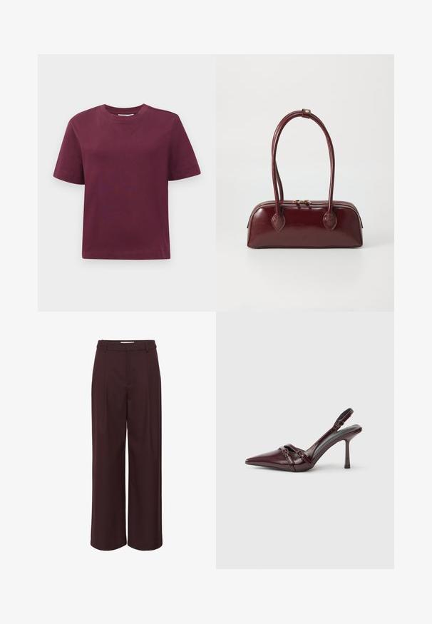 T-shirt à manches courtes et col rond, uni rouge foncé, présenté sur un fond blanc.; Pantalons à larges jambes en bordeaux profond, fabriqués dans un tissu lisse. Présente une taille haute avec des plis et de simples passants de ceinture pour un look ajusté.; Escarpin slingback en cuir verni bordeaux avec bout pointu, fine bride à la cheville et petit détail décoratif de boucle. Texture lisse et talon haut.; Sac à main en cuir bordeaux avec une forme courbée, deux poignées, fermeture éclair et détails de couture subtils. Fini lisse et brillant.
