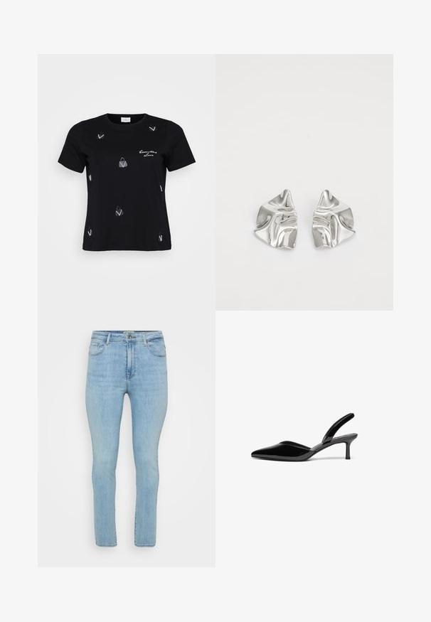 Sort bomulds T-shirt med korte ærmer, prydet med spredte hvide håndtaskemotiver og et skriftligt design, der siger "Essential Love."; Lyseblå denimjeans med slim fit, der har fem lommer, bæltestropper og en standard lynlås med knaplukning.; Sorte patentlæder slingback hæle med spids tå, lav stiletto hæl og et elegant, enkelt design uden pynt.; Sølvmetal øreringe med et bølgende, skulpturelt design, der har en poleret overflade og uregelmæssige former, hvilket fremhæver en moderne æstetik.