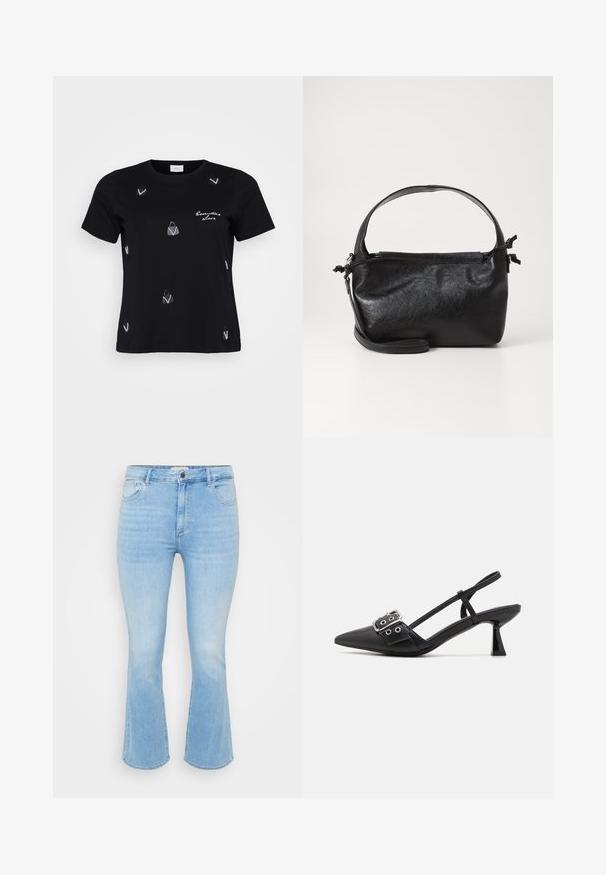Sort bomulds T-shirt med korte ærmer, prydet med spredte hvide håndtaskemotiver og et skriftligt design, der siger "Essential Love."; Lys blå denim jeans med en tætsiddende talje, flagrende bukseben, fem-lomme design og subtil forvitring i stofstrukturen.; Simmi London DALA - Pumps - black; Sort læderhåndtaske med et struktureret design, rund tophåndtag og aftagelig skulderrem. Den har en glat tekstur og en subtil glans.