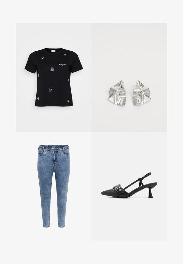 Zwarte katoenen t-shirt met korte mouwen, voorzien van verspreide witte handtassenmotieven en een scriptontwerp met de tekst "Essential Love."; Blauwe denim skinny jeans met een hoge taille, vijf zakken en een ritsluiting. De stof heeft een licht vervaagde textuur met contrasterende stiksels.; Simmi London DALA - Klassieke pumps - black; Zilveren metalen oorbellen met een golvend, sculpturaal ontwerp, voorzien van een gepolijste afwerking en onregelmatige vormen, die een hedendaagse esthetiek benadrukken.