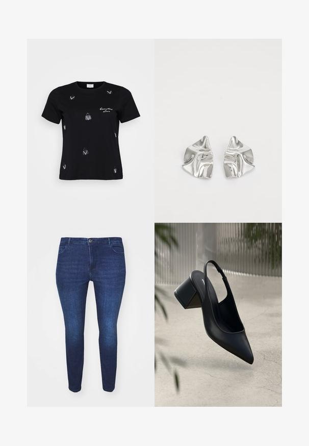 Zwarte katoenen t-shirt met korte mouwen, voorzien van verspreide witte handtassenmotieven en een scriptontwerp met de tekst "Essential Love."; Donkerblauwe slim-fit denim jeans met een voorste knoop en zakken, zichtbaar van voren tegen een witte achtergrond.; Zwarte leren slingback hak met een spitse neus en een blokhak. Glad oppervlak, minimalistisch ontwerp en verstelbare enkelband.; Zilveren metalen oorbellen met een golvend, sculpturaal ontwerp, voorzien van een gepolijste afwerking en onregelmatige vormen, die een hedendaagse esthetiek benadrukken.