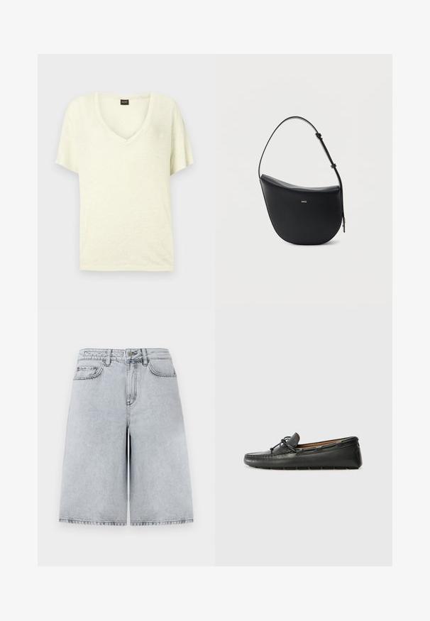 T-shirt crème à manches courtes avec col en V et petite étiquette noire avec texte rouge au niveau du col.; Shorts en denim gris clair avec une coupe décontractée, taille haute, cinq poches et coupe droite. Détails de couture propres et minimaux.; Bateau en cuir noir avec un bout arrondi, des détails de couture, un petit accent en nœud et une semelle en caoutchouc. Texture lisse et design épuré.; Sac à bandoulière en cuir noir en forme de demi-lune avec une bandoulière réglable et le logo doré « BOSS » centré sur le devant.