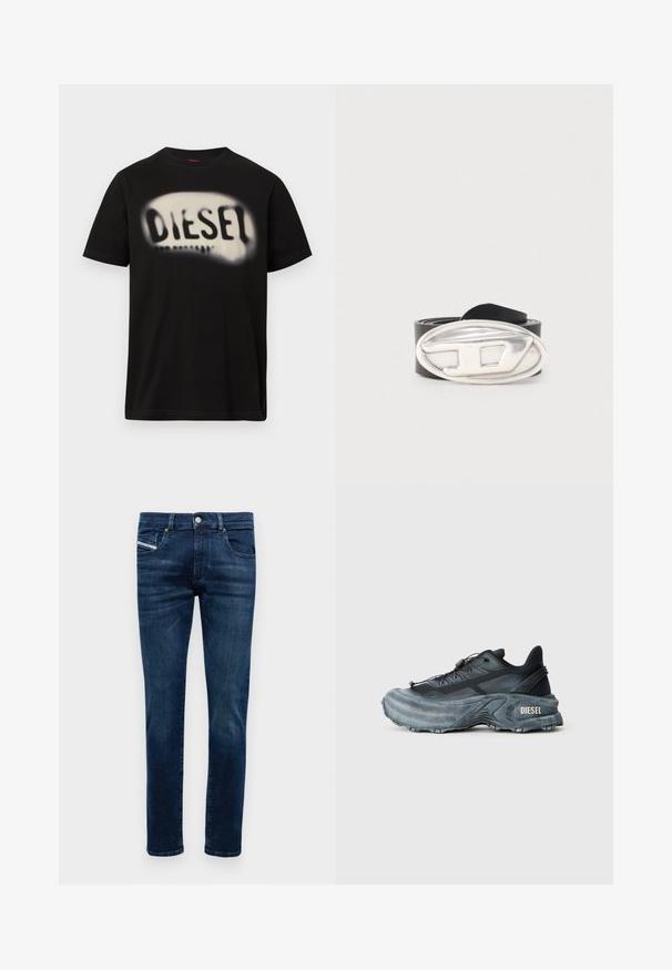 Sort bomuld T-shirt med stort, sløret hvidt logo med ordet "DIESEL" på tværs af fronten. Korte ærmer, rund halsudskæring.; Mænds mørkeblå slim-fit jeans med fem lommer, knaplukning og subtilte slidte detaljer på lårene og knæene.; Sort og grå Diesel sneakers med tyk sål, snørrebåndslukning og tekstureret design på en ensfarvet lysegrå baggrund.; Sort læderbælte rullet sammen med en stor oval sølvspænde, der har et hævet stiliseret "D"-design.