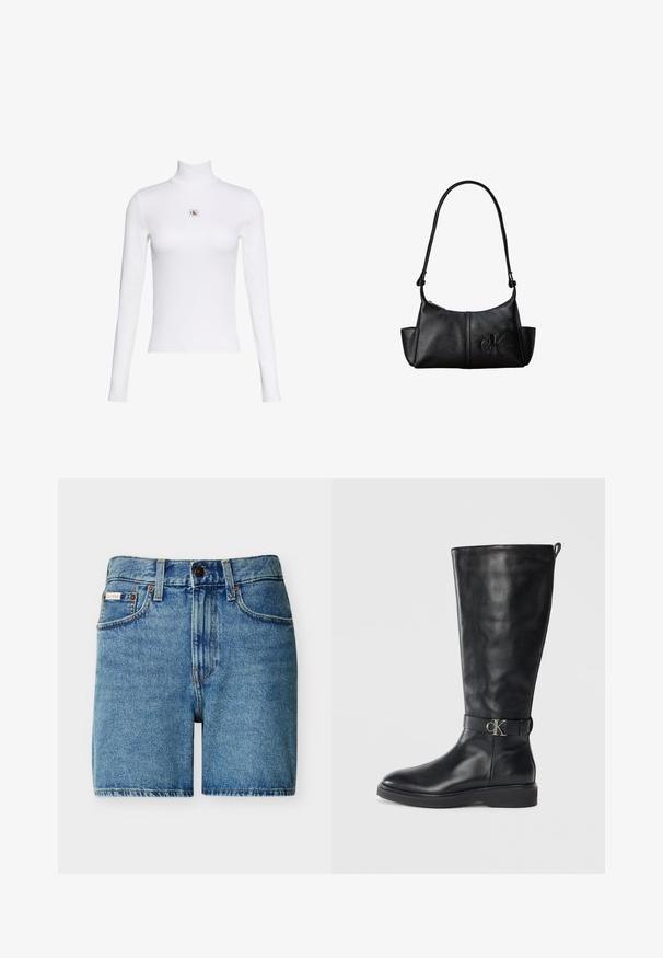 Witte top met lange mouwen en col met een klein Calvin Klein-logo geborduurd in het midden van de borst op een effen witte achtergrond.; Blauwe spijkershorts met knopen aan de voorkant, ritssluiting, riemlussen en zakken, met een klein merklabel op de rechterzak.; Zwarte leren kniehoog laars met lage hak, ronde neus en een metalen "CK" logo gesp rond de enkel.; Zwarte leren schoudertas met lange band, zijvakjes en een reliëflogo van Calvin Klein aan de voorkant.