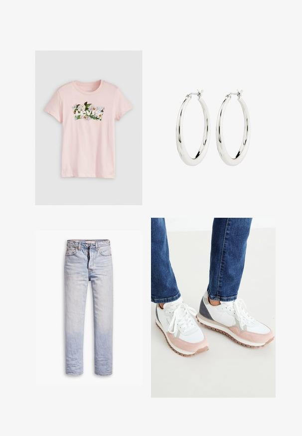 T-shirt en coton rose pâle avec un motif floral et le texte blanc "Levi's" sur la poitrine, col rond. Manches courtes.; Jean en denim bleu clair avec une coupe droite, dotés d'une fermeture à boutons, de cinq poches et d'un léger délavage sur les jambes.; Baskets blanches et rose clair avec des accents gris, dotées d'une tige en daim et mesh, d'une semelle en caoutchouc et de lacets ronds.; Boucles d'oreilles créoles en argent avec une finition lisse et brillante. Forme circulaire, dotée d'un fermoir sécurisé. Design simple et élégant.