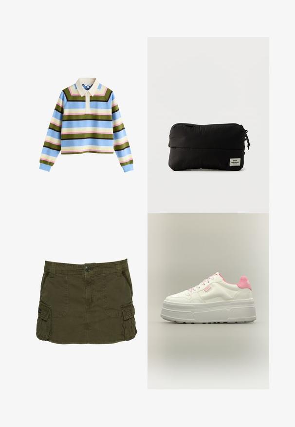 Polo de manga larga con anchas rayas horizontales en azul, verde, rosa, crema y marrón, con cuello blanco y tapeta de botones.; Falda cargo verde oliva hecha de mezcla de algodón, con bolsillos laterales, costuras visibles y cierre con botón en la cintura.; Zapatilla de plataforma blanca con detalles en rosa, suela gruesa y texturizada y cordones rosas, mostrada de lado sobre un fondo neutro.; Estuche negro rectangular con cremallera y etiqueta de tela con el logo que dice "Mads Nørgaard Copenhagen" en la esquina inferior derecha.