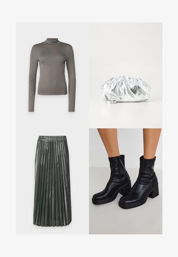 Grå ribbet langærmet turtleneck top med et tætsiddende design og blød tekstur. Har en høj halsudskæring og slank silhuet.; Metallic grøn plisseret nederdel med elastisk talje. Har smalle, vertikale plisser og et mellemlangt design, der skaber en struktureret silhuet.; Sorte læder ankelstøvler med en høj blokhæl, der har en sidelukning, glat overflade og en spidse tå-design.; Metallisk sølv clutch taske med en blød, samlet krop og en tynd skulderrem. Har en glat, skinnende overflade og rund form.