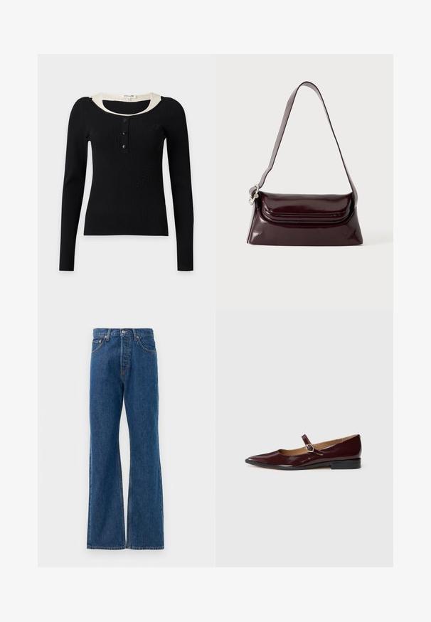 Haut noir côtelé à manches longues avec trois boutons noirs sur la poitrine et un détail de col intérieur blanc, présenté sur fond blanc.; Jean flare en denim bleu avec taille haute, comportant cinq poches, une fermeture à bouton en métal argenté et des accents de couture visibles.; Ballerines en cuir verni bordeaux de type Mary Jane avec un bout pointu, un talon plat et une sangle décorative avec une boucle circulaire.; Sac à bandoulière en cuir bordeaux foncé avec fermeture à rabat et une fine sangle réglable, présenté sur un fond clair uni.