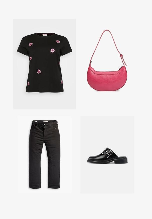 Schwarzes Baumwoll-T-Shirt mit rosa floralen Stickereien in verstreuten Designs. Rundhalsausschnitt und kurze Ärmel. Weicher Stoff, lässige Passform.; Schwarze Denim-Jeans mit geradem Bein, ausgestattet mit einem Knopfverschluss, fünf Taschen und dezentem Stickdetail. Angenehme Textur.; Schwarzer Slipper aus Leder mit zwei silbernen Schnallen, offenen Seiten, runder Zehenpartie und niedrigem, gestapeltem Absatz, im Profil vor weißem Hintergrund gezeigt.; Rosa Lederhandtasche mit einer geschwungenen Form, einem einzigen verstellbaren Schulterriemen und einem Reißverschluss oben. Strukturierte Oberfläche mit sichtbaren Falten.