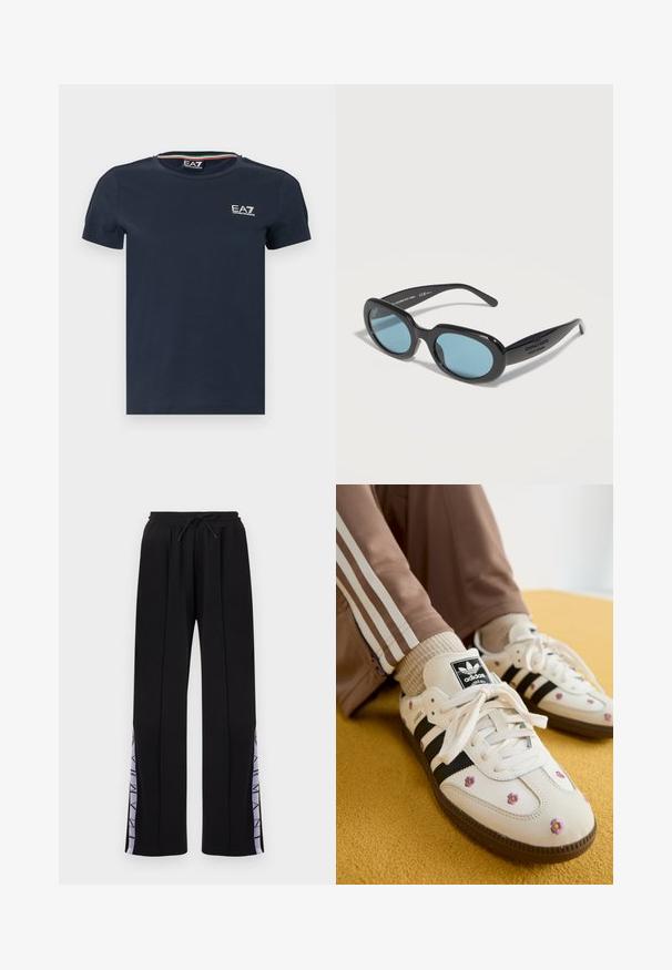 T-shirt en coton bleu marine à manches courtes, col rond, avec le logo EA7 blanc sur la poitrine. Présente une bordure texturée au niveau de l'encolure.; Pantalon de survêtement noir à jambes droites avec taille élastique et cordon de serrage, présentant des panneaux latéraux lavande avec le texte "ARMANI".; Baskets en cuir blanc avec trois rayures noires et broderie florale en violet et jaune. Semelle en caoutchouc marron. Assorties à des chaussettes côtelées beiges.; Lunettes de soleil ovales noires avec des verres teintés bleus et des branches épaisses posées sur une surface blanche.