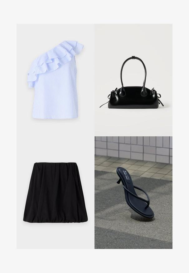 Blouse à une épaule en bleu clair et rayures blanches, avec un accent froncé le long de l'épaule. Fabriquée en tissu léger.; Jupe noire, froncée, en tissu doux, dotée d'une taille élastique et d'une silhouette volumineuse. Pas de motifs ni d'accents visibles.; Sandale noire à talons et brides flottant au-dessus d’un pavement gris texturé avec un mur carrelé en arrière-plan.; Petit sac à main noir brillant avec deux longues anses et des détails à cordon sur les côtés sur un fond clair uni.
