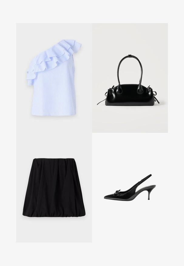 Blouse à une épaule en bleu clair et rayures blanches, avec un accent froncé le long de l'épaule. Fabriquée en tissu léger.; Jupe noire, froncée, en tissu doux, dotée d'une taille élastique et d'une silhouette volumineuse. Pas de motifs ni d'accents visibles.; Chaussure slingback en cuir verni noir avec un bout pointu, un talon bas et un détail de nœud décoratif sur le côté. Texture lisse sur toute la surface.; Petit sac à main noir brillant avec deux longues anses et des détails à cordon sur les côtés sur un fond clair uni.