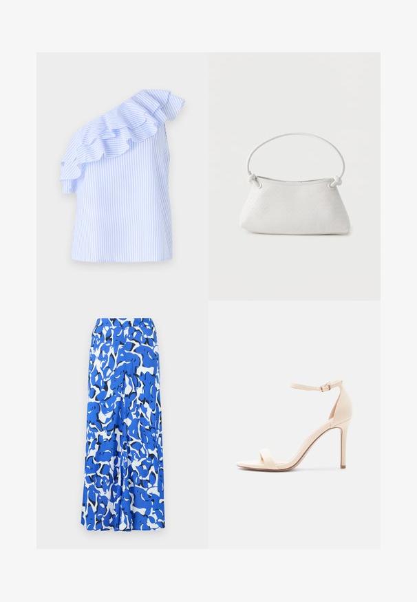Blusa de un solo hombro en azul claro y blanco a rayas, con un detalle de volantes a lo largo del hombro. Hecha de una tela ligera.; Falda larga con un patrón abstracto en azul y blanco, fabricada en un tejido ligero, con una cinturilla ancha y un silueta recta con aberturas laterales.; Sandalia de tacón alto beige con tira en el tobillo y punta abierta, acabado liso, y tacón stiletto delgado sobre fondo blanco.; Bolso de mano de cuero blanco tejido con asa redondeada y extremos de la correa anudados, exhibido sobre un fondo liso.
