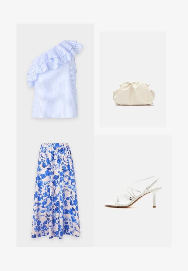 Blusa de un solo hombro en azul claro y blanco a rayas, con un detalle de volantes a lo largo del hombro. Hecha de una tela ligera.; Falda maxi floral con un fondo rosa y patrones florales en acuarela de color azul; cinturilla elástica; tela fluida.; Sandalia blanca de tacón alto con tiras finas, detalles plateados, puntera cuadrada y un tacón delgado de altura media sobre un fondo blanco liso.; Bolso de mano de cuero suave de color crema con diseño fruncido y plisado y una delgada correa para el hombro que descansa delante sobre un fondo liso.