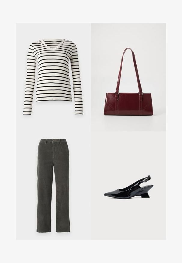 Pull long à manches longues en V rayé noir et blanc, fabriqué en tissu doux, avec des rayures horizontales uniformes et une coupe ajustée.; Pantalons en velours côtelé gris avec une taille, fermeture à bouton à l'avant et deux poches latérales. Design à jambe droite et texture côtelée.; Chaussure slingback en cuir verni noir avec bout pointu et petit talon bloc incliné sur fond clair uni.; Sac à main bordeaux en matériau brillant, de forme rectangulaire, avec deux anses et des accents légèrement courbés à l'avant.