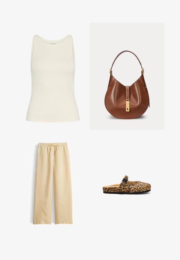 Roomkleurige tanktop gemaakt van geribbelde stof, met een ronde halslijn en mouwloos ontwerp, een getailleerd silhouet en een gladde textuur.; Beige wijde broek met elastische tailleband en trekkoord, gemaakt van lichtgewicht stof, geschikt voor casual draagstijl.; Slingback pantoffel met luipaardprint, een zachte binnenkant, een ronde neus en een decoratieve zwarte gesp. Zwarte rubberen zool met textuur.; Bruine leren handtas met gebogen vorm, enkele band en gouden rechthoekige gesp met klein paardenlogo aan de voorkant.