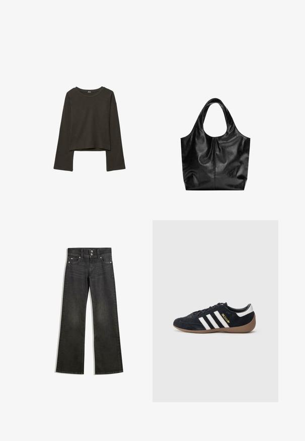 Donkergroene cropped lange mouwen shirt gemaakt van zacht stof met een ronde halslijn en brede mouwen; zonder patronen of versieringen.; Zwarte denim wijde jeans met een aansluitende taille, voorzien van zichtbare stiksels, twee voorzakken en zilverkleurige hardware op de knopen.; Zwarte suède sneaker met drie witte strepen, een rubberen gumzool en een klein gouden logo aan de zijkant. Heeft een gladde zwarte binnenvoering.; Zwarte leren tote bag met een gladde textuur, een zachte ronde bovenkant en brede handvatten. Kenmerkt zich door minimale stiksels en een slungelige silhouet.