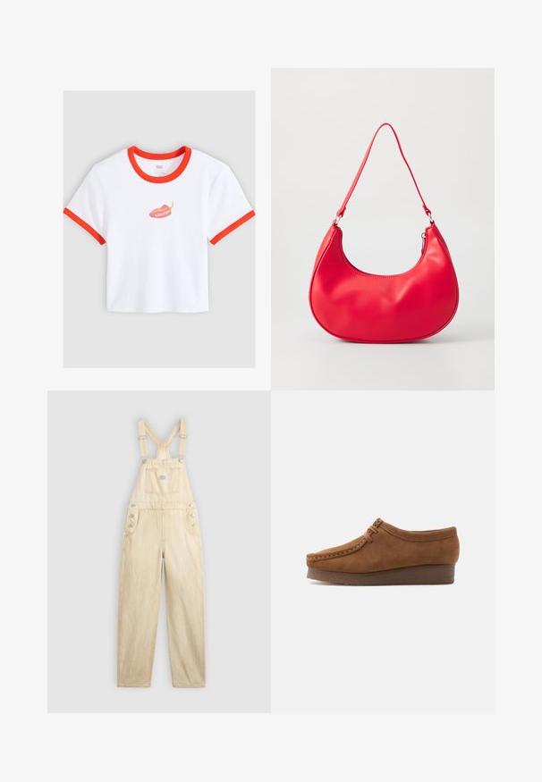 Valge lühike T-särk punase äärisega krae ja varrukate ümber, punase tšillipipraga pildiga ning keskel oleva tekstiga "Levi's".; Helebeige denimist valmistatud üldriided, millel on ruudukujuline tasku, reguleeritavad rihmad, külgedel nööbid ja laiad sääred.; Pruun seemisnahast mokassiini-tüüpi king paksu tallaga ja paeladega, näidatud külgvaates valgel taustal.; Punane sünteetilisest nahast õlaline kott, millel on kaarjas kuju, õhuke rihm ja lukuga sulgemine. Sile tekstuur, millel on nähtavad õmbluse detailid.