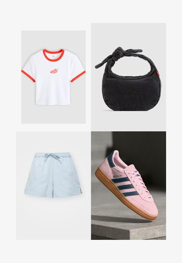 Witte cropped T-shirt met rode bies aan kraag en mouwen, met een rode chilipeper afbeelding en de tekst "Levi's" in het midden.; Lichtblauwe, lichte shorts met een elastische tailleband en trekkoord. Voorzien van zijzakken en een relaxte pasvorm, gemaakt van zachte stof.; Lichtroze suède sneaker met marineblauwe drie strepen, rubberen zool en lichtroze veters. Heeft het "SPEZIAL"-logo aan de zijkant.; Kleine zwarte denim schoudertas met een gestrikte riem en ritssluiting, met een rood Levi's stoffen label aan de zijkant.