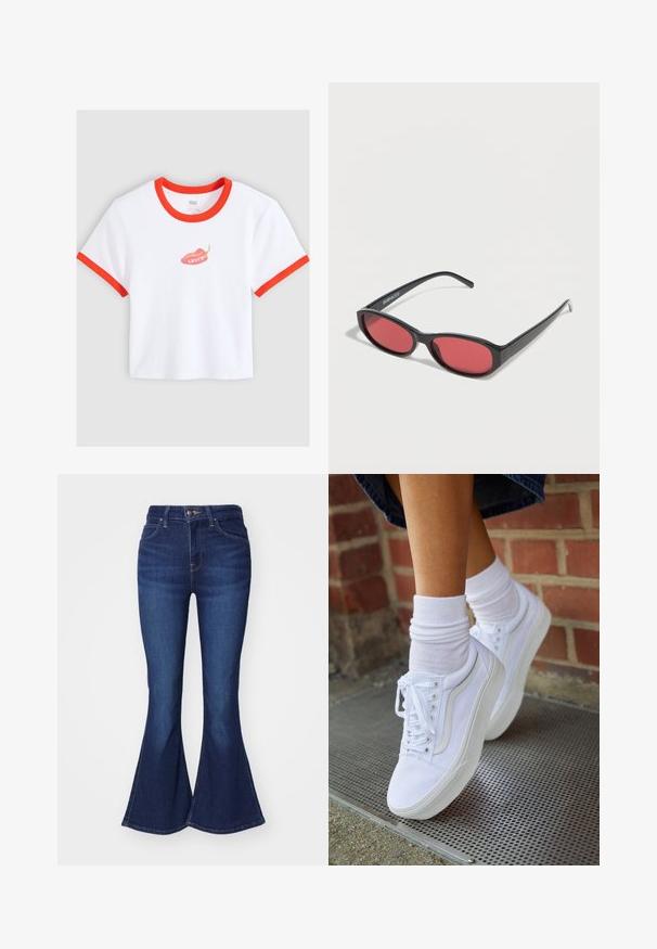Weißes kurz geschnittenes T-Shirt mit rotem Besatz an Kragen und Ärmeln, mit einer roten Chili-Grafik und dem Text „Levi's“ in der Mitte.; Dunkelblaue Schlagjeans aus Denim mit hoher Taille, fünf Taschen und Knopfverschluss, leicht ausgebleicht an den Oberschenkeln.; Weiße Leinensneaker mit Gummisohlen, ausgestattet mit sechs Ösen, runder Zehenpartie und dezenten Nähten, kombiniert mit weißen Knöchelsocken.; Schwarze ovale Sonnenbrille mit schlanken Bügeln und rot getönten Gläsern, die auf einer weißen Oberfläche liegt.